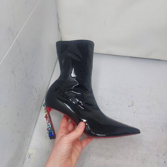 Christian Louboutin Marvel Black Patent Sock Heel Bejeweled Cosmic Ankle Boot - Picture 3 of 13